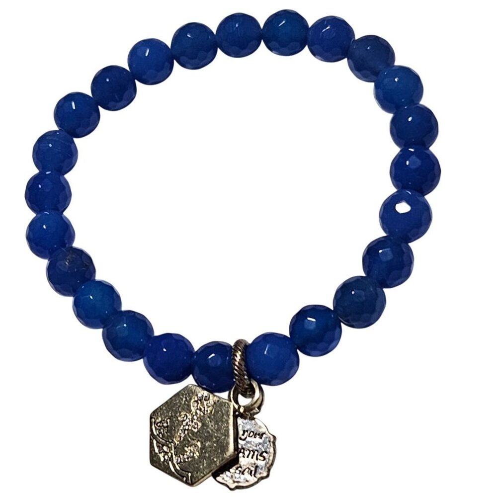 Blue Faceted Bead Stretch Charm Bracelet Gold Hexagonal Circular Engraved Charms